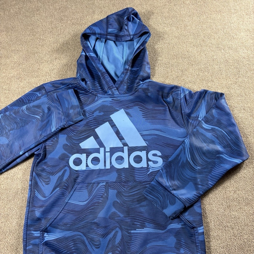 Adidas Youth L 14/16 Blue Fleece Lined Pullover Hoodie Logo Athletic